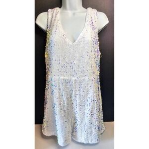 FAERIESTY White Iridescent Sequin Romper Double V-Neck Sleeveless Party Club XL